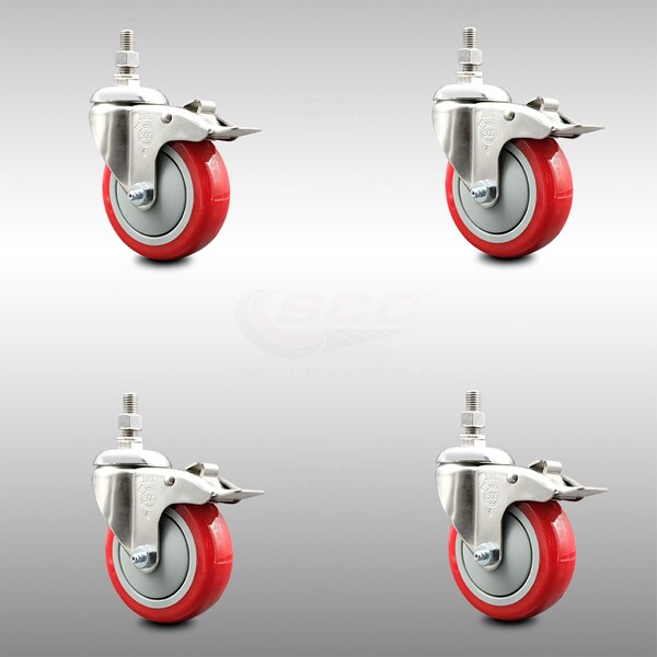 Service Caster 4 Inch 316SS Red Polyurethane Wheel Swivel 12mm Stem Caster Set Lock Brake SCC-SS316TSTTL20S414-PPUBRED-M1215-4 - main